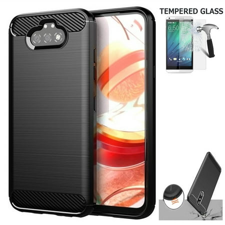 Phone Case For LG K31 Rebel / Fortune 3 Case / Phoenix 5 Case / Risio 4 / Aristo-5 Tempered Glass with Brush Textured Slim-Flex Gel Cover (Brush Gel Black +Tempered Glass)