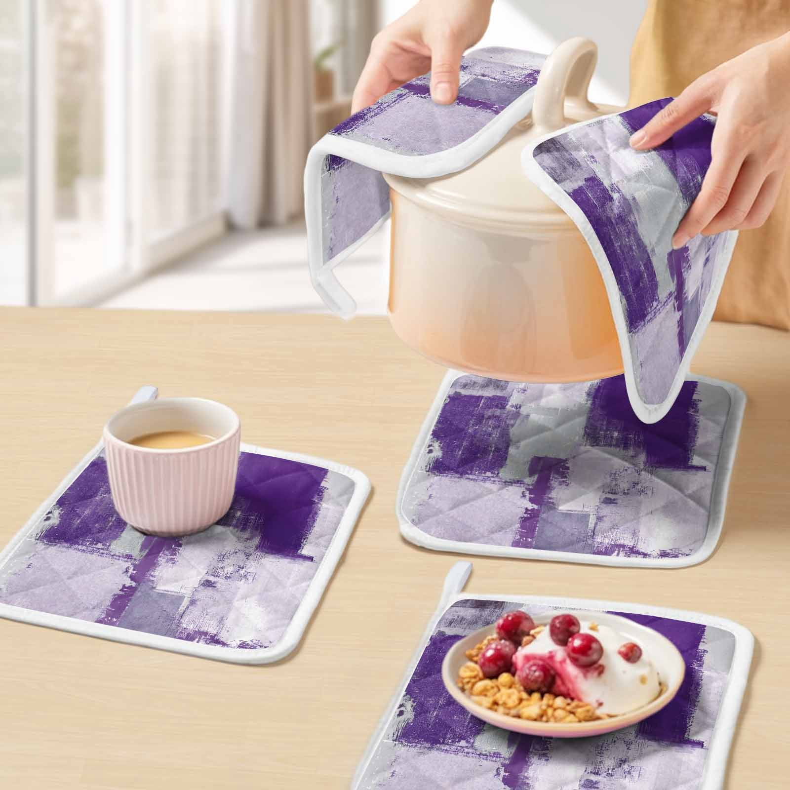 Modern Oil Painting Pot Holders for Kitchen Heatproof Potholder, 5 Pack Purple Grey Abstract Graffiti Art Hot Pads Multipurpose Oven Pads Cloth Potholders Trivet for Cooking Baking