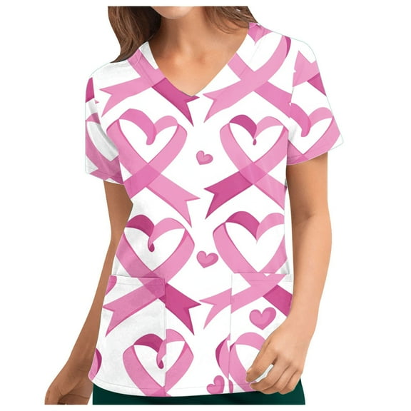 Xfvqtps Scrub Tops for Women Pink Ribbon Breast Cancer Awareness Scrubs Comfortable Lightweight Nursing Uniforms V-neck Short Sleeve Nurse Top Working Uniforms with Pockets Pink