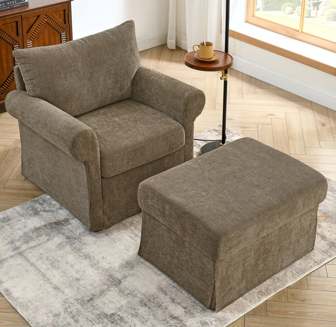 Oversized Single Sofa Chair w/ Ottoman Set, Chenille Accent Chaise Lounge, Modern Upholstered Armchair w/ Backrest Pillow