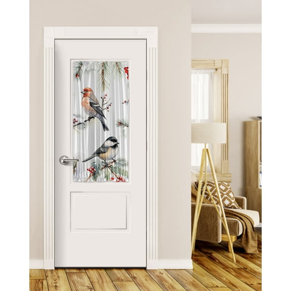 Christmas Bird, Blackout Curtains, French Door Curtains for Door Window, Watercolor Green Pine Tree Leaves Privacy Drapery for Patio/Sidelight Doors, 1 Panel with Tieback, 25 x 40 Inches