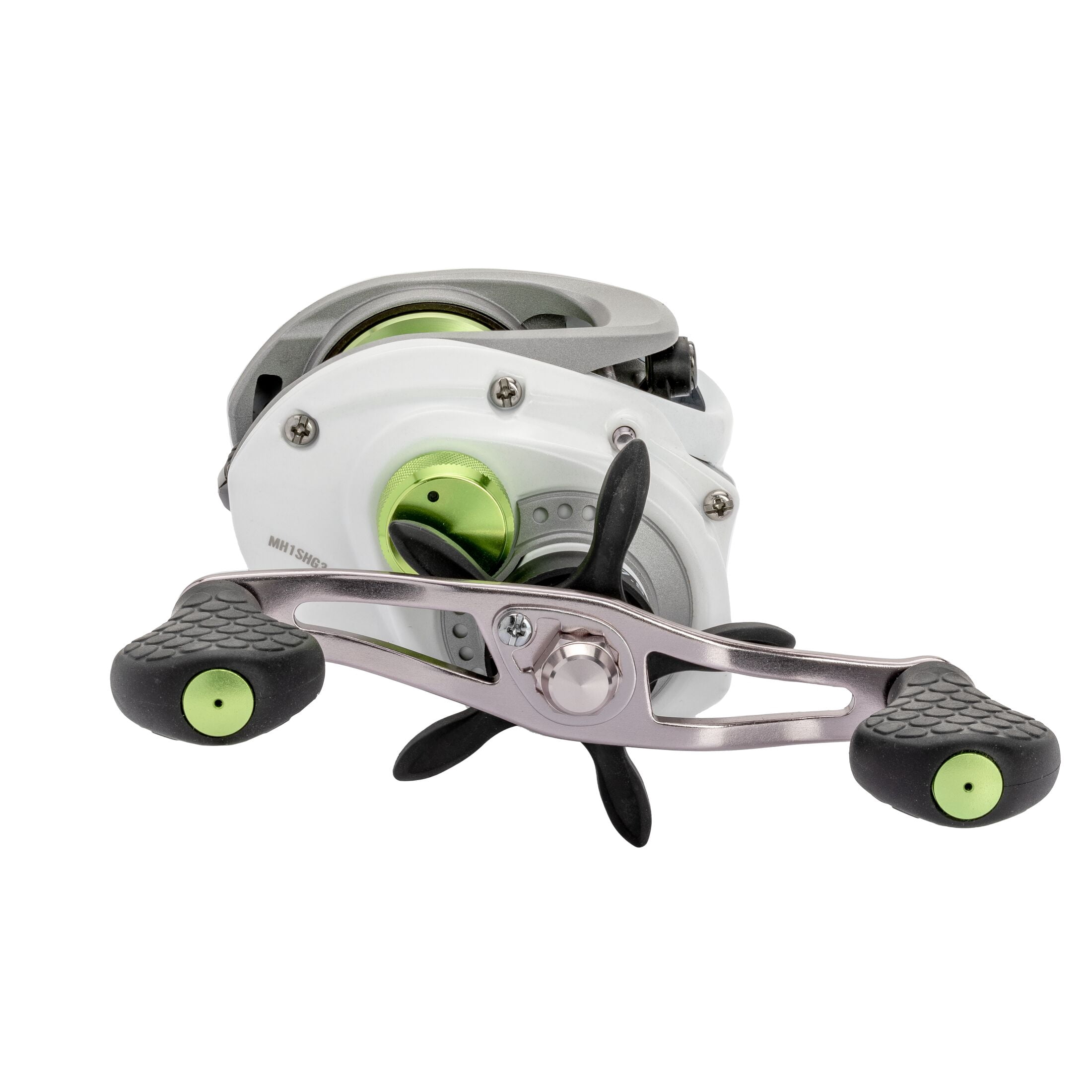 Lew’s MACH 1 SS Baitcast Fishing Reel, 7+1 Bearings, 7.5:1 Gear Ratio, Graphite Frame and Sideplate, Shallow Spool, Multi-Setting Brake, Combat Grips, Left-Hand Retrieve, White/Gray/Green