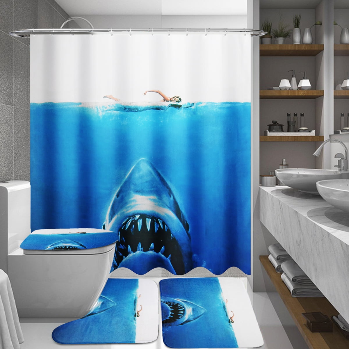 Underwater Sharks Fabric Shower Curtain Set 180CM Polyester Liner Curtains Mat Underwater Sharks Fabric Shower Curtain Set 180CM Polyester Liner Curtains Mat
