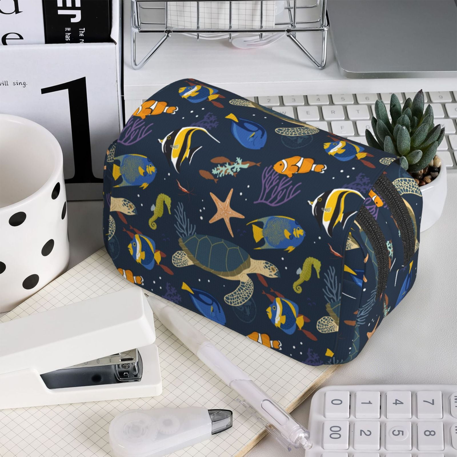 Rateoe Undersea Animals Pattern Double Clamshell Pen Case, Storage Organizer with Two Zipper Compartments– Holds Up to 50 Pencils & Pens