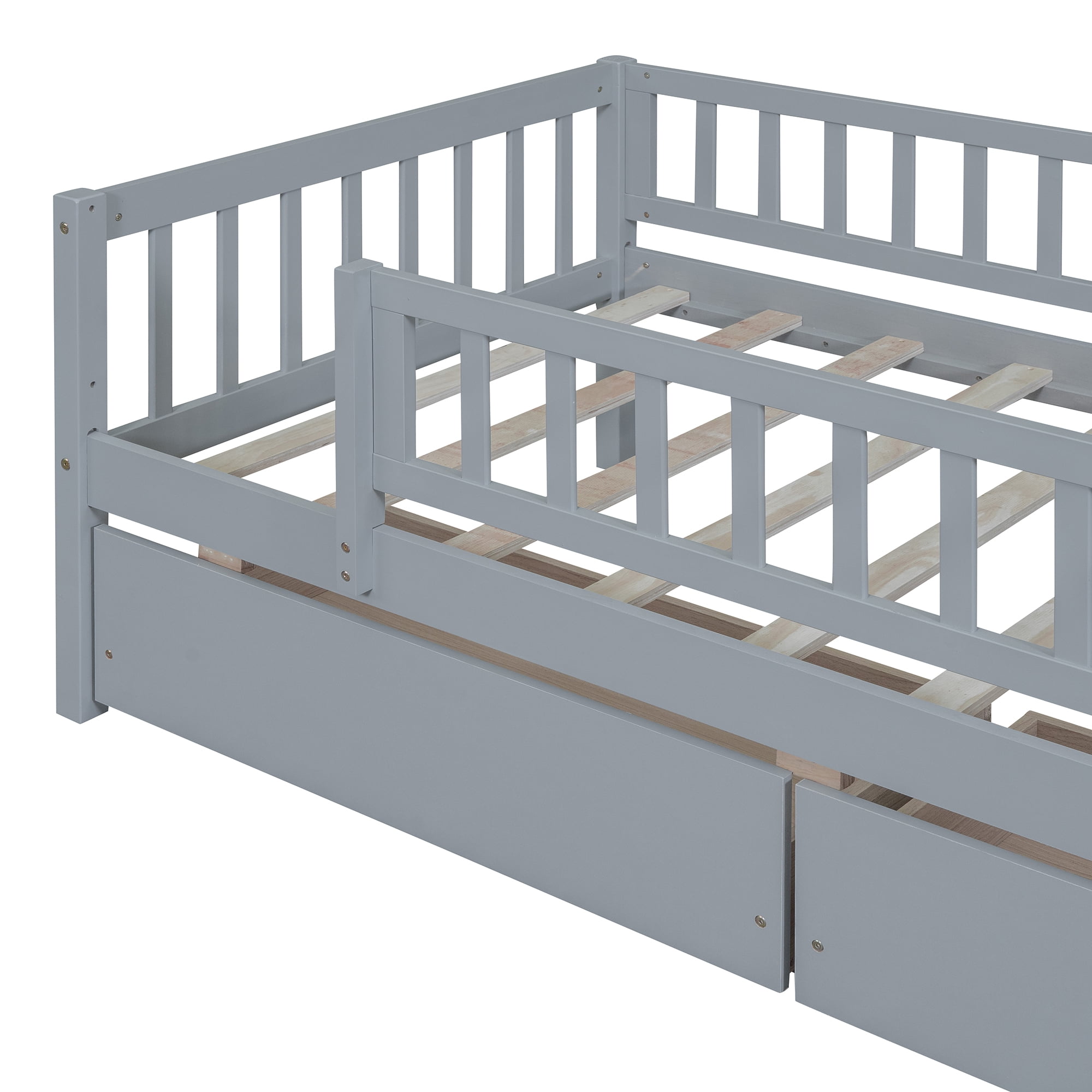 Holaki Twin Size Wood Bed with Guardrails and 2 Storage Drawers for Kids, Gray