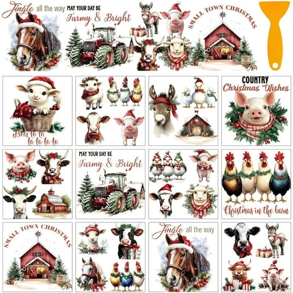 12 Sheets Farm Christmas Rub on Transfer Stickers Farm Animals Window Clings Furniture Decal