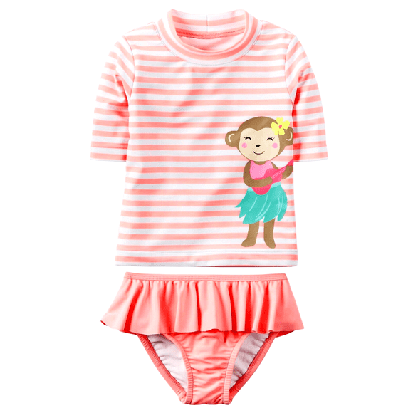 Oshkosh B'gosh 2PC Swim Set for Toddler Girls Striped Ruffle Bikini Swimwear Peach UPF 50+ 12 Months