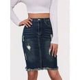 thumbnail image 2 of Blue High Waist Ripped Denim Midi Skirt With Fringe Hem, 2 of 12