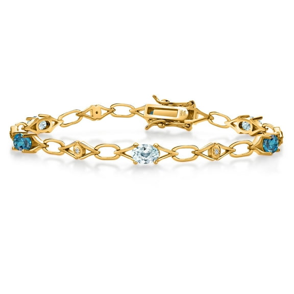 18K Yellow Gold Plated Silver Sky Blue Aquamarine and London Blue Topaz and Round White Lab Grown Diamond Tennis Bracelet for Women (3.34 Cttw, Gemstone Birthstone, Oval 6X4MM, 7.25 inches)