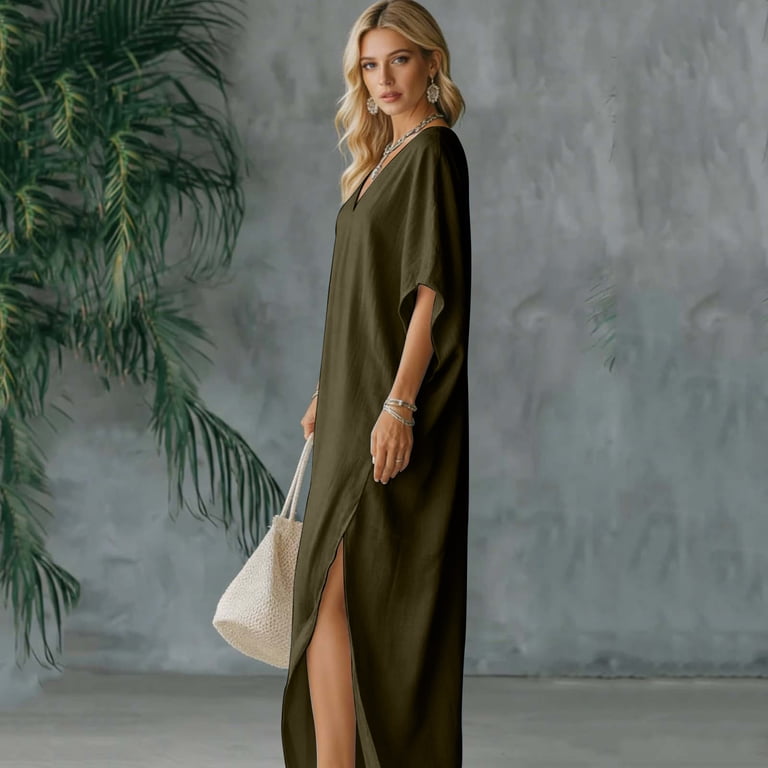 SOOMLON Flowy Summer Dresses for Women Plus Size V Neck Dolman Sleeve Long  Dress Loose Side Split Dress Vacation Dress - Walmart.com