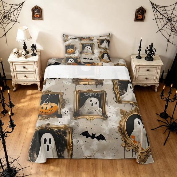 Feelyou Spooky Halloween Ghost Twin Sheets, Kawaii Gothic Bat Skull Bedding, 3-Piece, 1 Flat Sheet, 1 Fitted Sheet and 1 Pillowcase