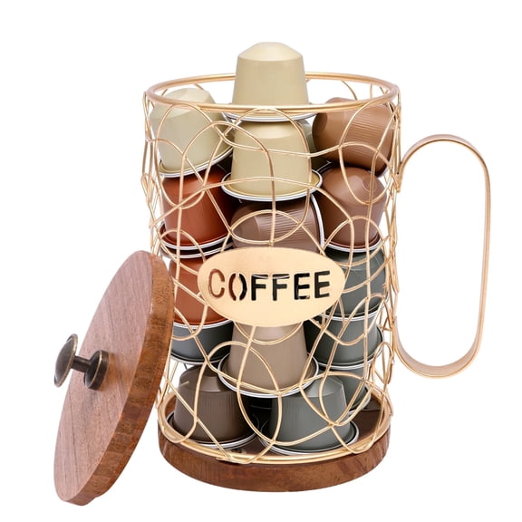 AEVXKHI Rustic Coffee Pod Holder with Lid, K Cup Pods Holder for Counter, Large Capacity Wire Coffee Pod Filter Storage Basket with Wooden Base for Espresso Capsule