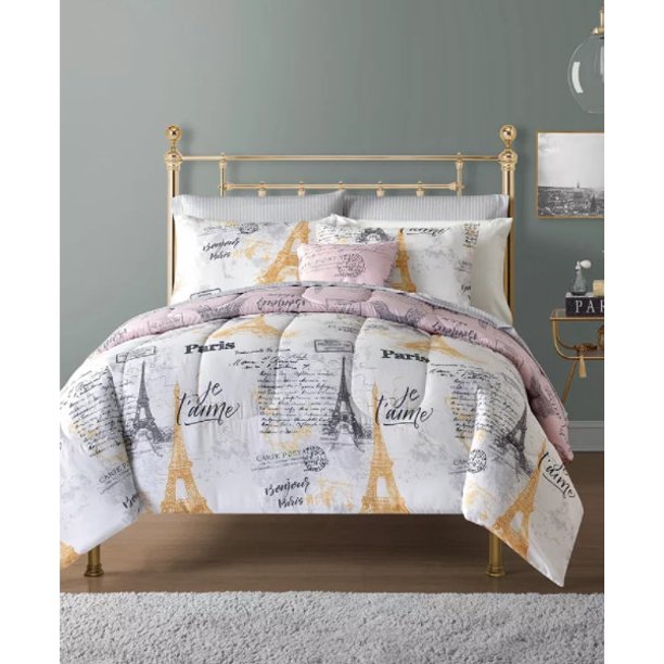 Paris Eiffel Tower, Pink & White Reversible Full 12 Piece Comforter, 2