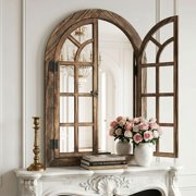 TEWLOSS Farmhouse Arched Wall Mirrors 36x24 Window Mirror Decor Wood Frame for Bathroom Bedroom, Natural