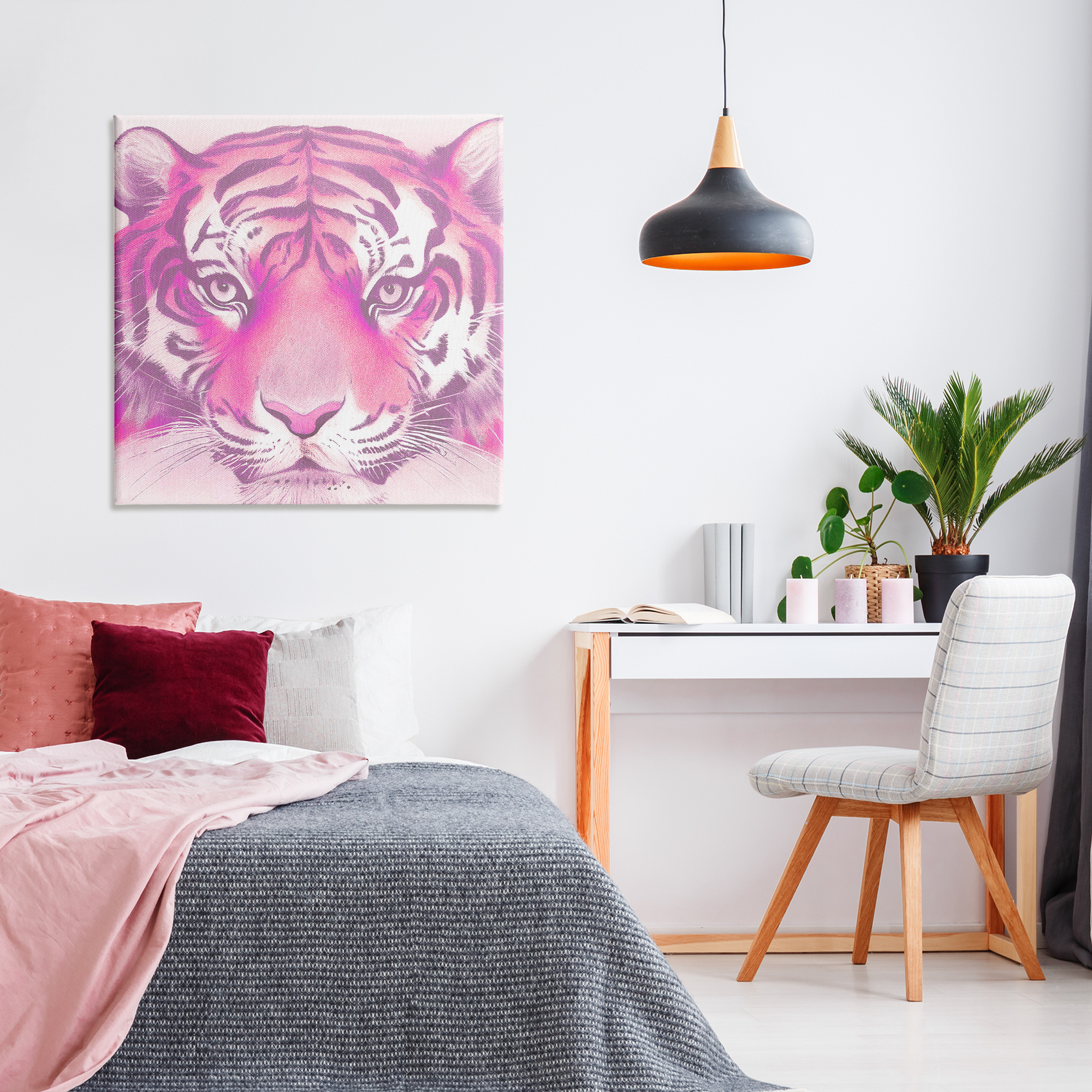 Stupell Industries Pink Tiger Face Animals Painting Wrapped Canvas Art Print Wall Art, 36 x 36