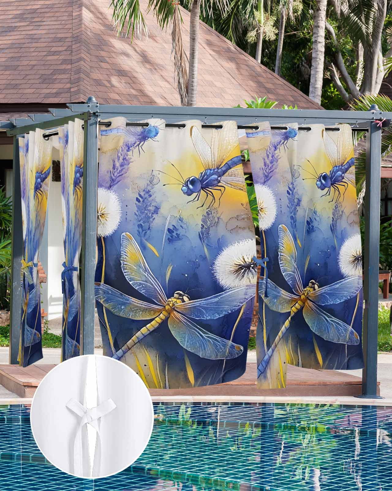 nqOlkjepod Outdoor Curtains for Patio Waterproof, Purple Dragonfly Outdoor Privacy Panels Grommet, Watercolor Spring Summer Floral Blackout Outside Curtains for Porch/Cabana 54"x108", 1 Panel