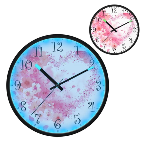 Voice Activated Clock with Glow Light 12 Inch Large Silent Wall Clock Battery Operated for Home Decor Floral Heart with Pink Glitter