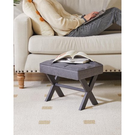 Small 12" H Footrest, Square Linen Foot Stool with Metal X-Leg, Multi-Use as Small Side Table, Step Stool for Living Room, Bedroom, Entryway, Office, Dark Gray WBD011G