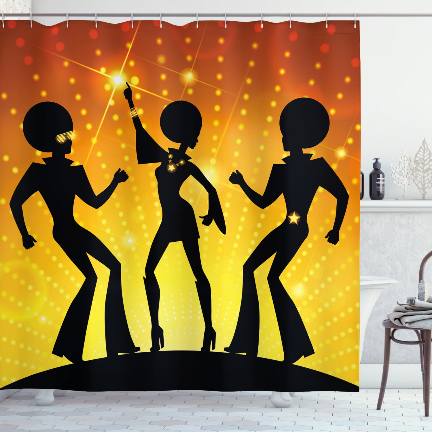 70s Party Shower Curtain, Dancing People in Disco Night Club with Afro