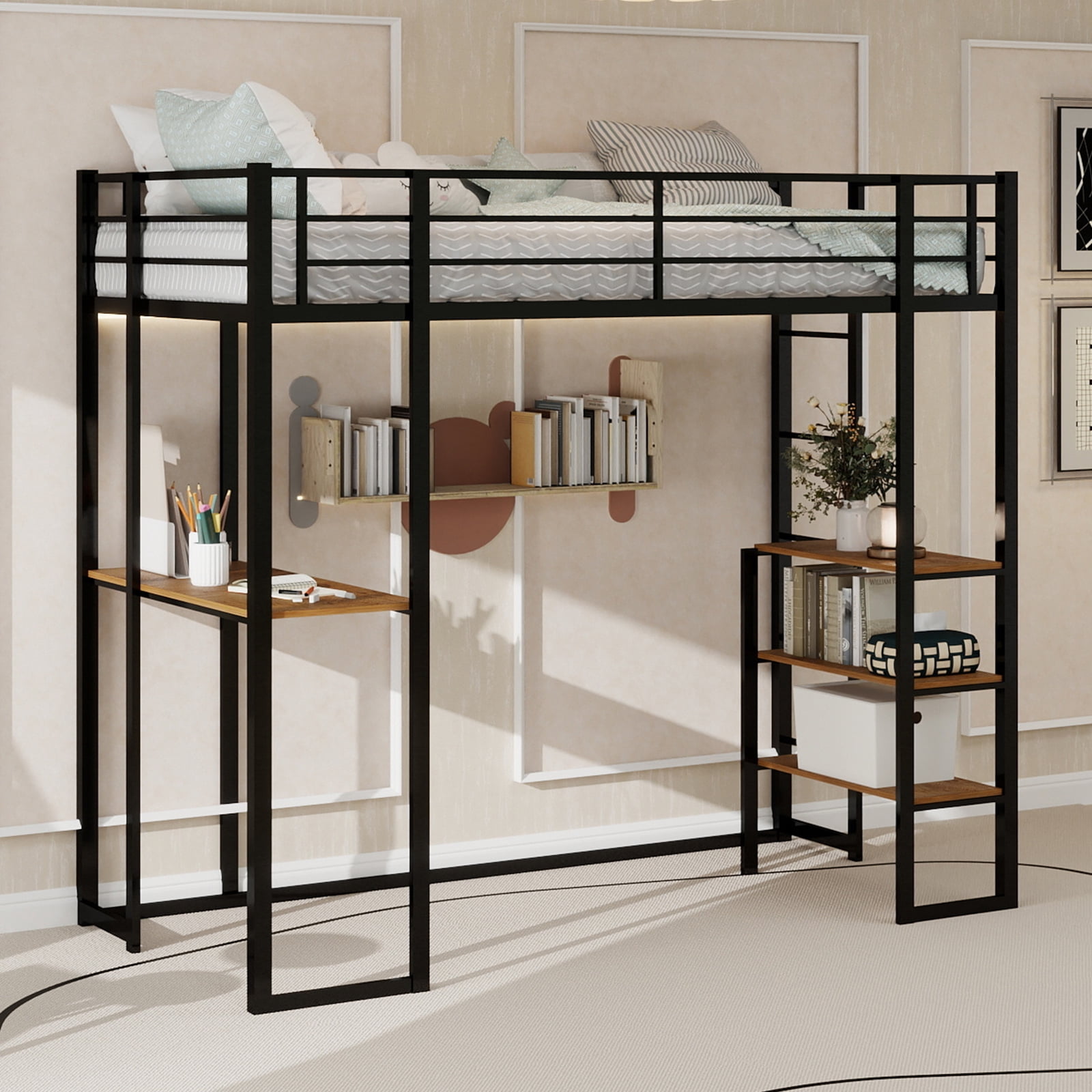 Alvantor Loft Bed Twin Size with Desk, Metal Bed Frame with Open Shelves for Kids/Teens, No Box Spring Needed Black