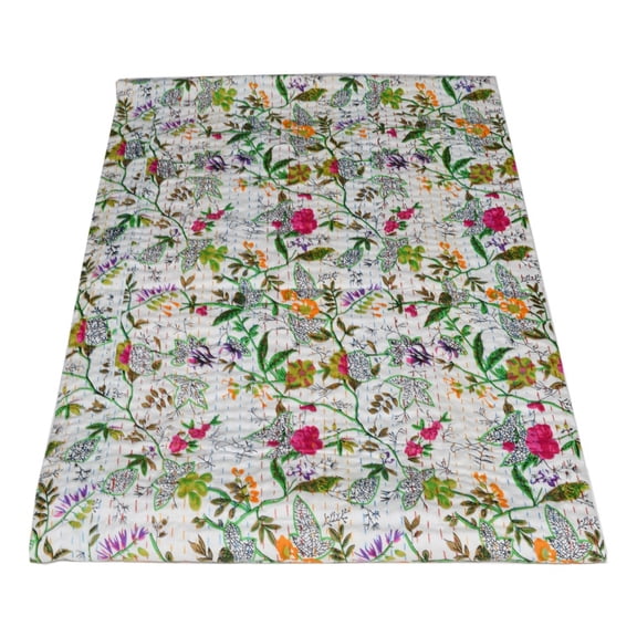 Indian Vintage Kantha Quilt Handmade 100% Cotton Kantha Throw Kantha Blanket Handmade Quilt Queen Size Kantha Bedspread White Quilt 03