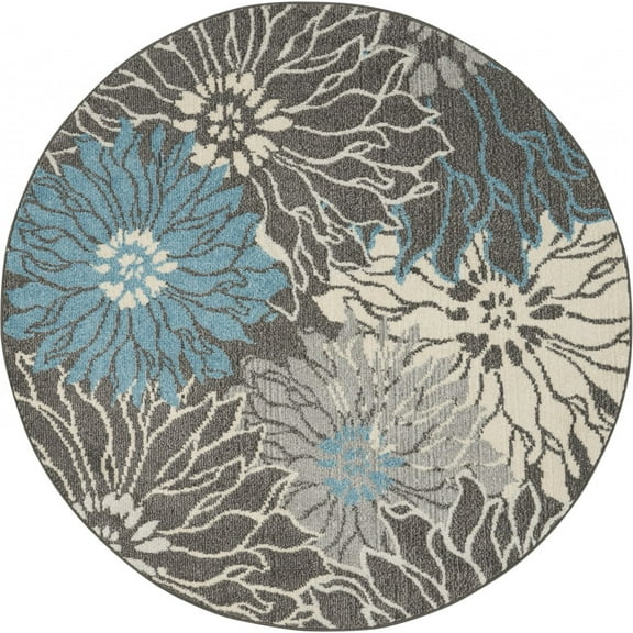 4â€™ Round Charcoal and Blue Big Flower Area Rug