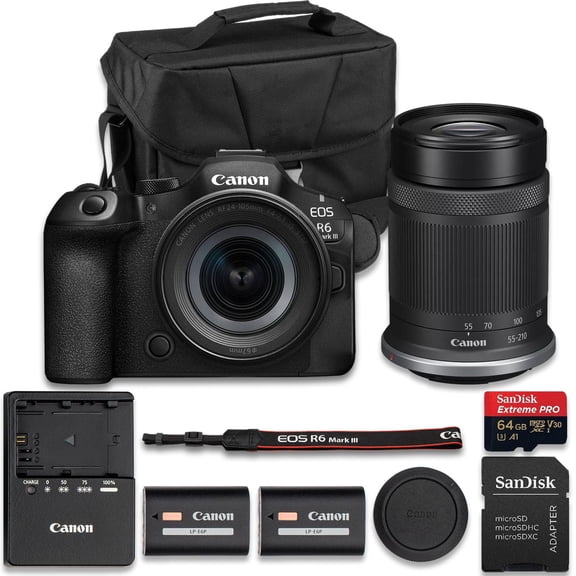 Canon EOS R6 Mark III Mirrorless Camera with RF 24-105mm f/4-7.1 is STM RF-S 55-210mm f/5-7.1 is STM Lens Extra Battery SanDisk Extreme Pro 128GB(17pc Bundle)