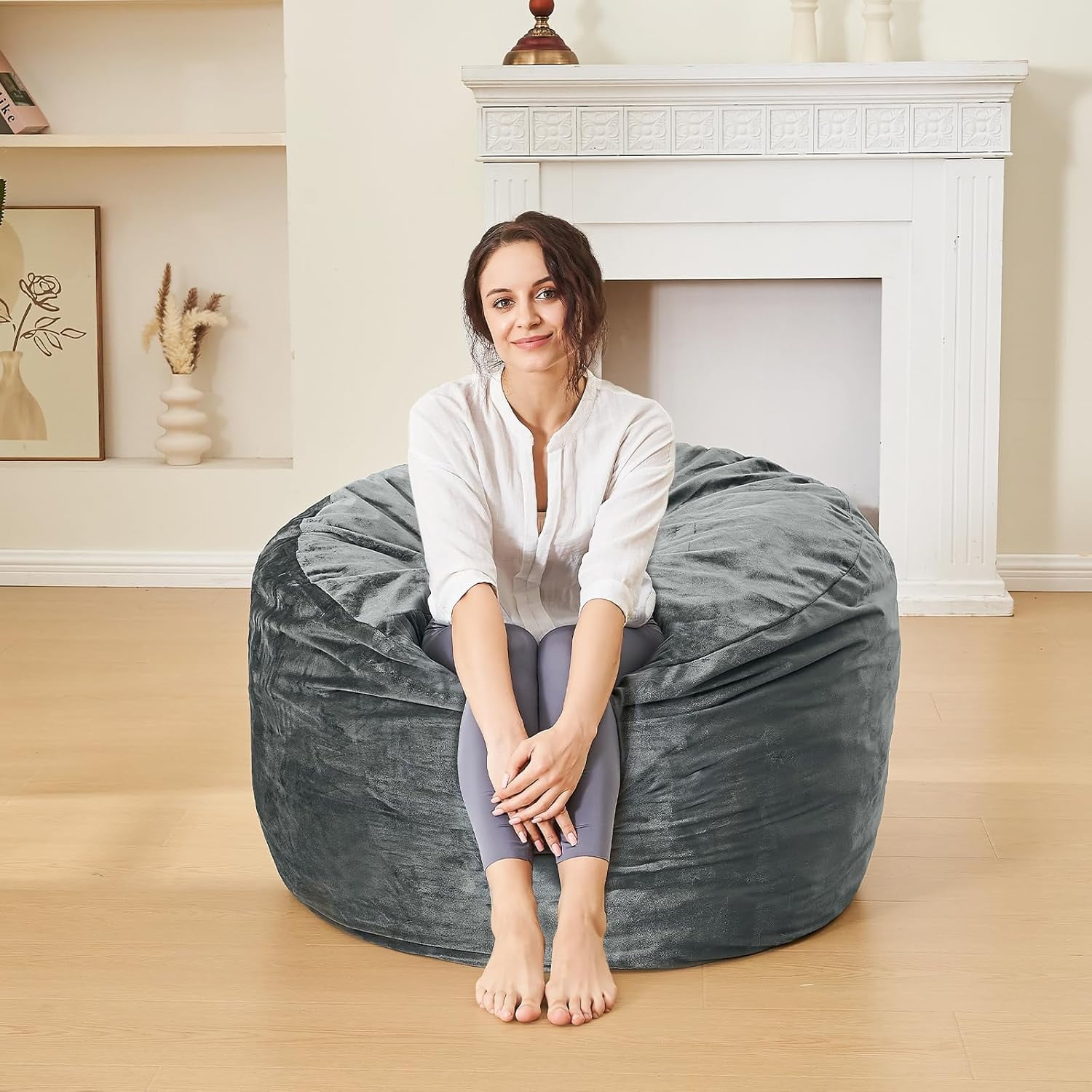 3 Feet Bean Bag Chair - BeanBag Chairs for Adults, Living Room Furniture Sofa with Soft  Fiber Cover, Round Fluffy Couch for Bedroom College Dorm - Grey