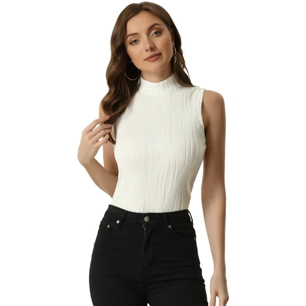 Camiseta sin mangas con cuello simulado para mujer, cuello alto, sin mangas, acanalado, top de punto blanco XL