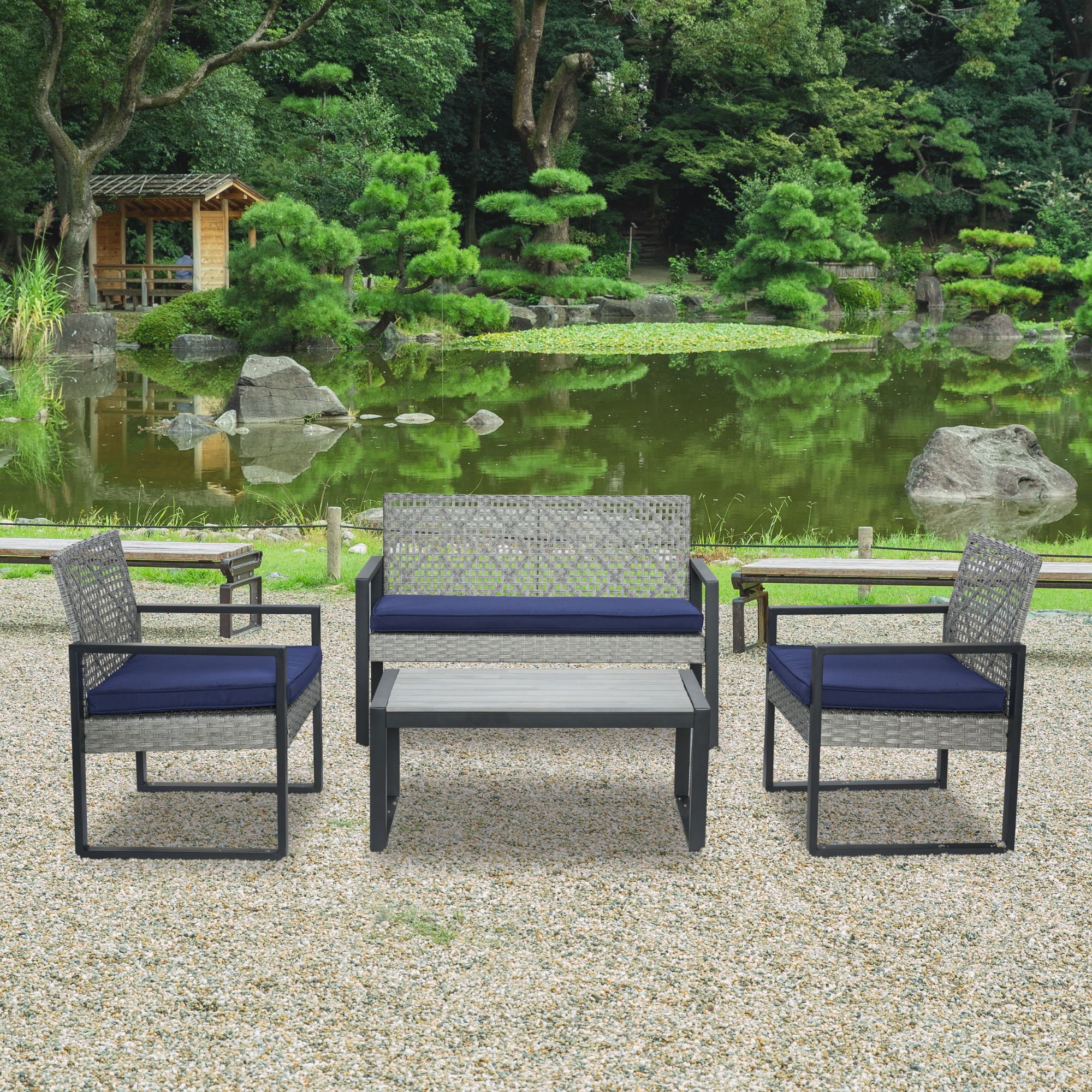 Patio Furniture Set, Outdoor Furniture, 4-Piece Conversation Set with Acacia Wood Table, PE Rattan Wicker Chairs and Waterproof Cushions, Light Gray with Blue Cushions