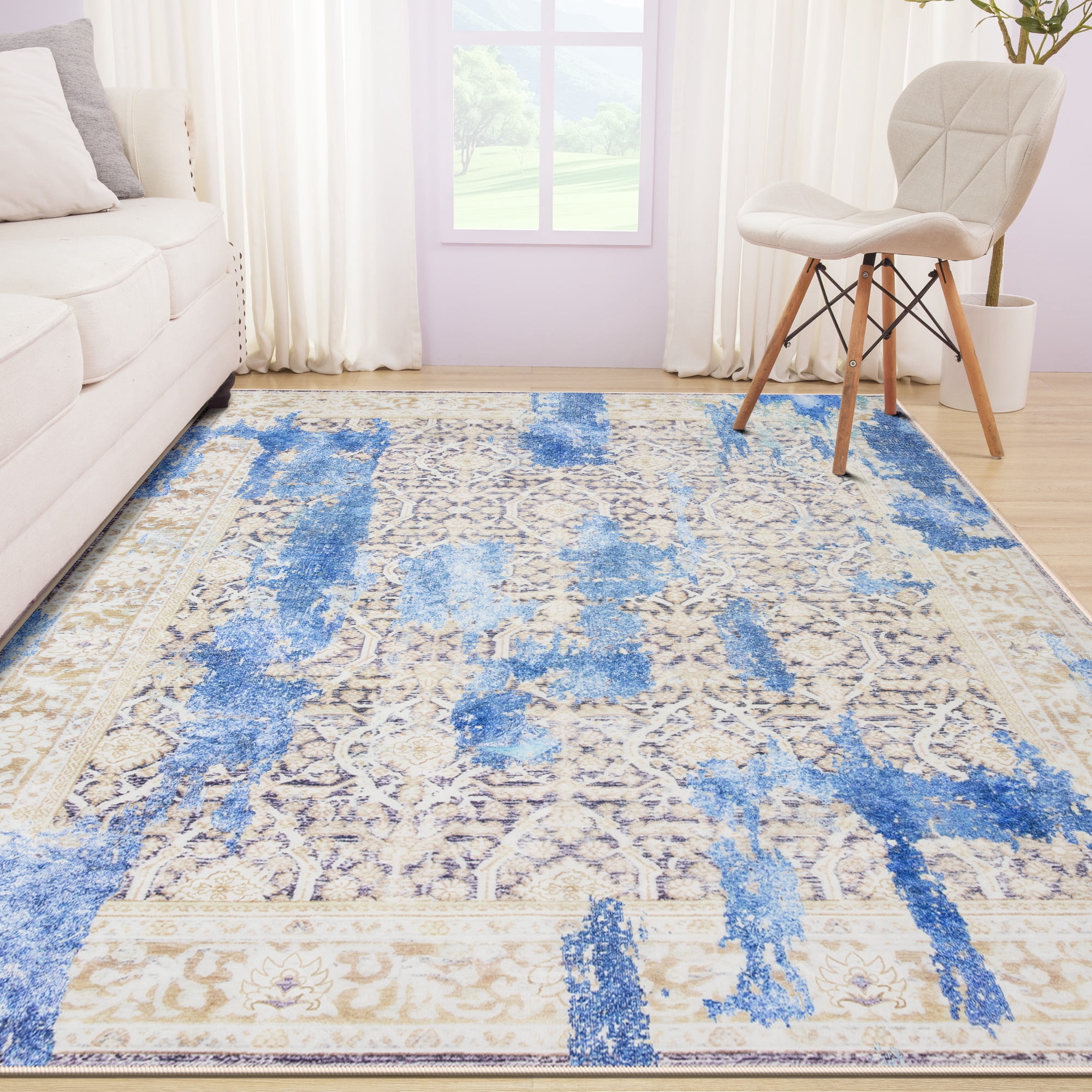 Wondo 8x10 Modern Abstract Area Rugs - Blue Low Pile Washable Carpet for Living Room, Bedroom, Nursery, Office, Kitchen - Non-Slip Stain Resistant Soft Rug for Indoor Use