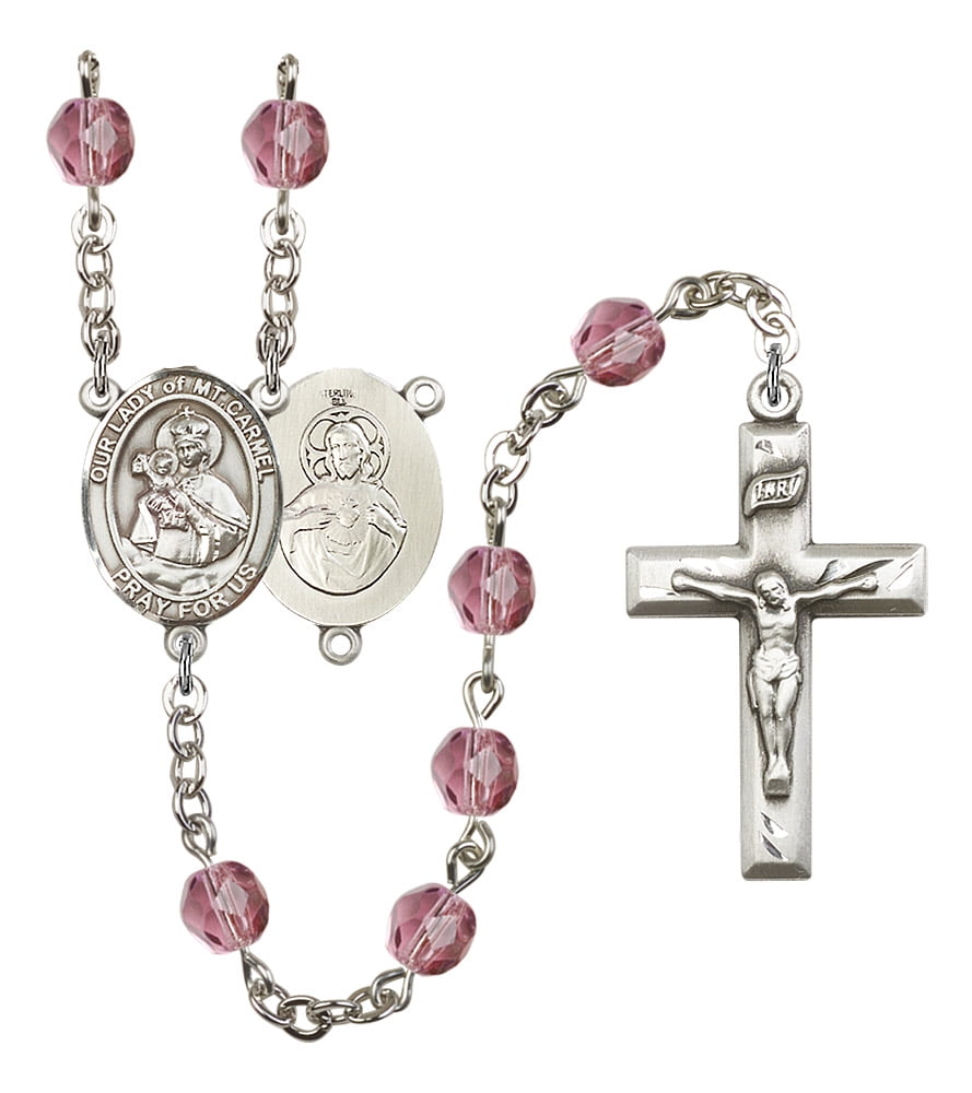 and 1 5/8 x 1 inch Crucifix Our Lady of Mount Carmel Center Silver Finish Our Lady of Mount Carmel Rosary with 6mm Garnet Color Fire Polished Beads Gift Boxed