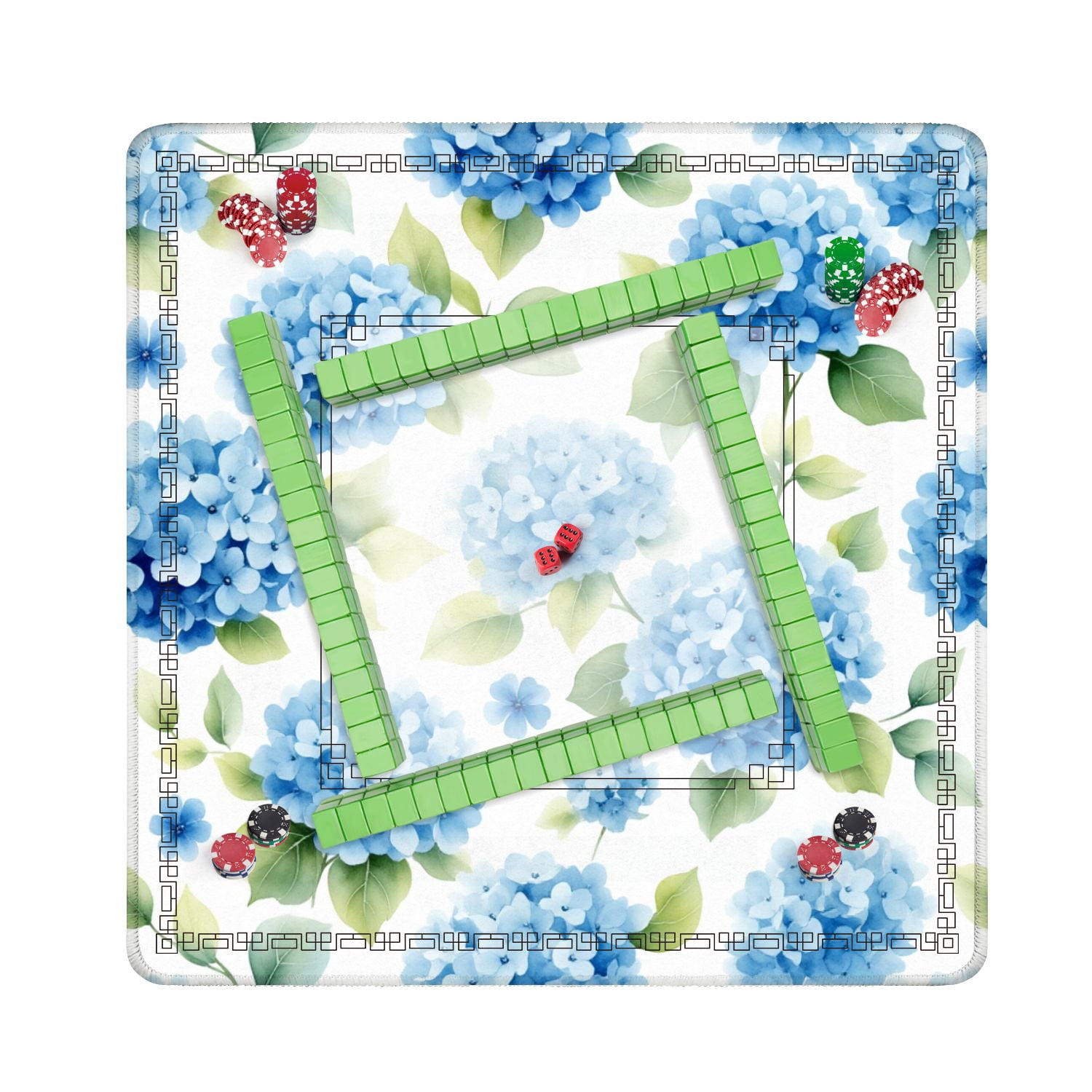 Mahjong Mat 31.5" x 31.5" Seamless watercolor blue hydrangea leaves floral Non-Slip Noise Reduction American Mahjong Tiles Table Cover for Dominoes Poker Card Board Games Gift
