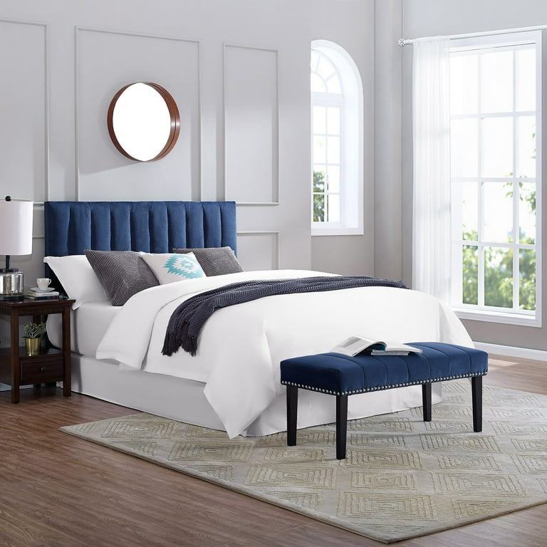 Channeled Upholstered Full Queen Headboard and Bench Set in Sapphire Blue