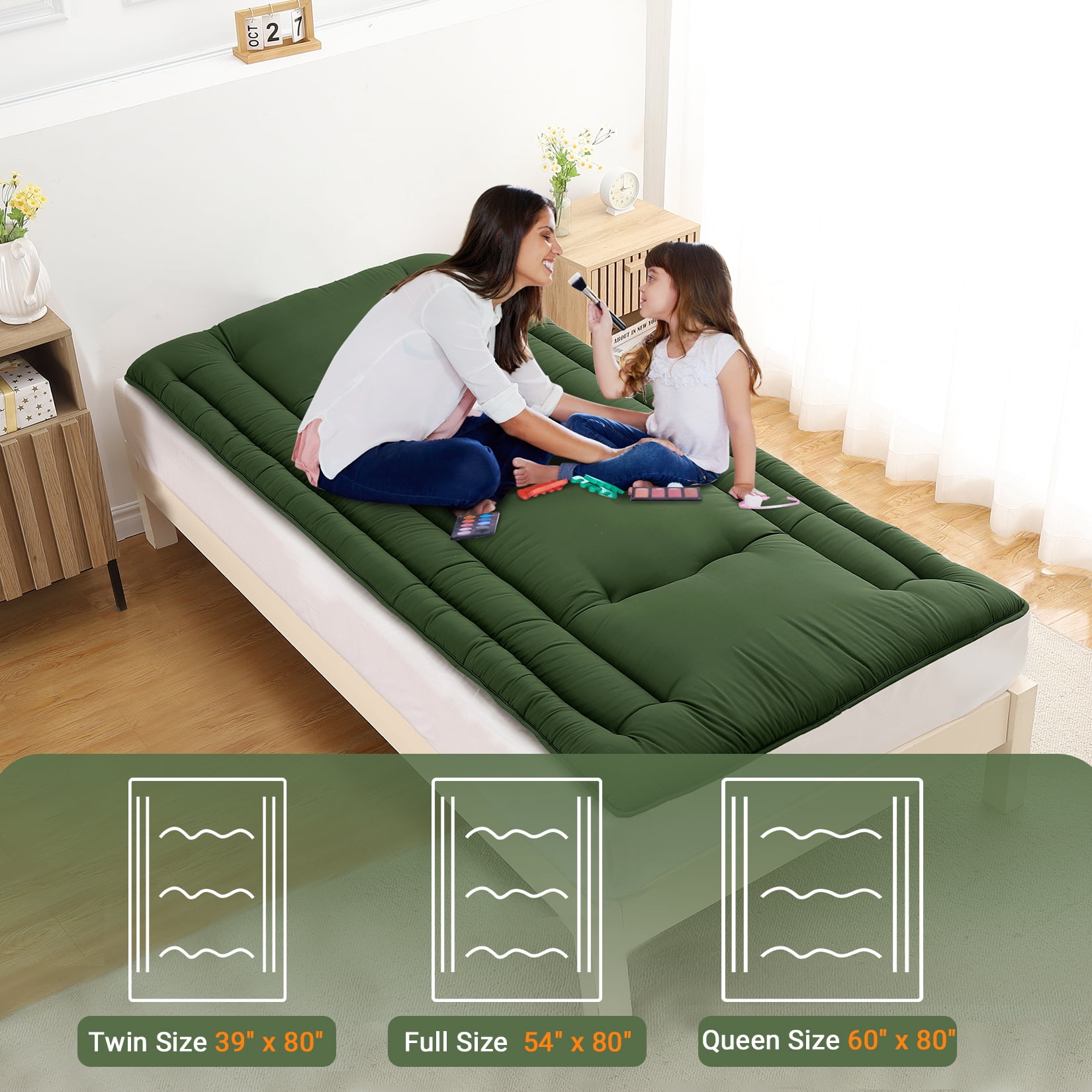 Twin Size Foldable Floor Mattress, Japanese-Style Roll-Up Foam Sleeping Mat, Space-Saving Tatami Floor Bed for Living Room or Bedroom, Army Green