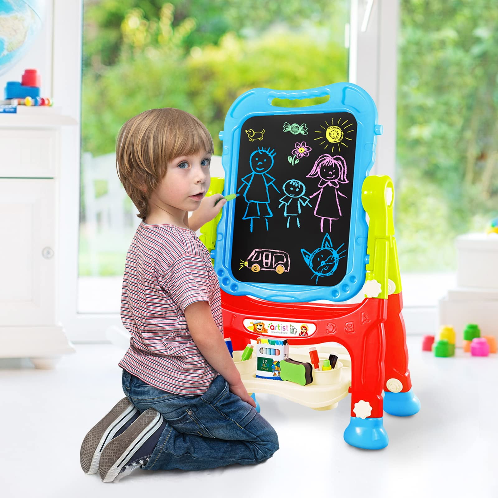 JBeeCtrl Easel for Kids Rotatable Double Sided White Board & Chalk Board Adjustable Standing Kids Art Easel w/ Paint Accessories for Boys Girls Birthday Christmas Birthday Gifts for Kids 3-6 Blue