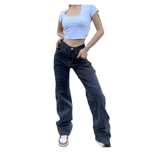 Bigersell Stretch Warm Jeggings for Women Full Length Pants Fashion Casual Women Gray Loose Jeans Solid Color High Waist Straight Trousers Ladies' Bell Buttom Pants