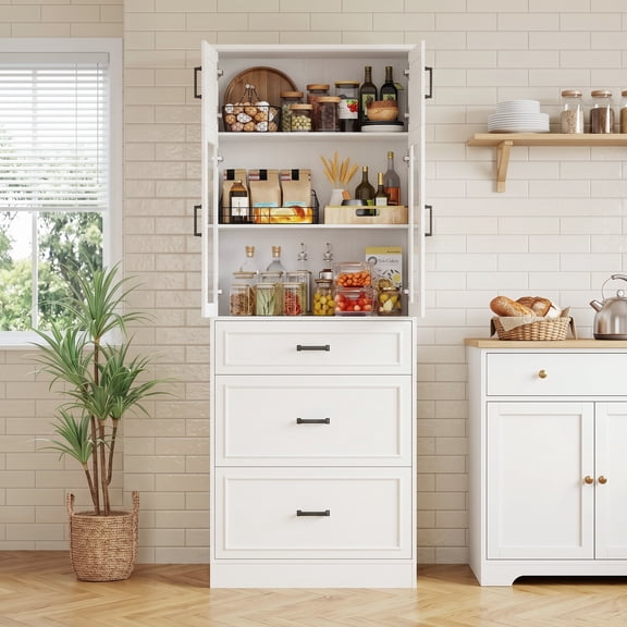Homieasy 80" Tall White Kitchen Pantry Cabinet with Glass Doors, 3 Drawers & Adjustable Shelves - Versatile Storage Cupboard for Kitchen, Dining, Living Room, Bathroom