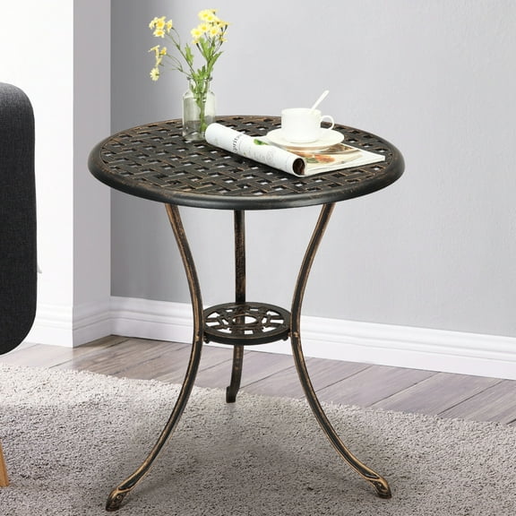 M optimized 23.6" Round Patio Bistro Table Outdoor Dining Coffee Table with 2" Umbrella Hole, Cast Aluminum Side/End Table for Patio Balcony Backyard Lawn Garden Porch