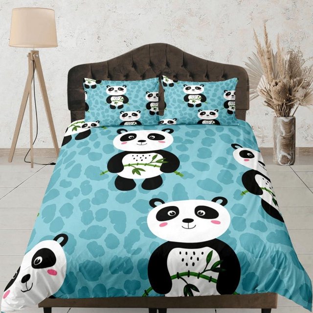 Panda y bambú verde azulado funda nórdica para niños, juego de cama completo, rey,