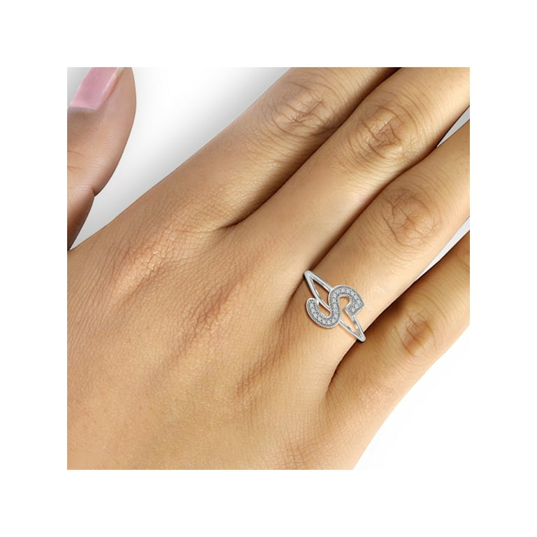 JewelersClub Accent White Diamond Initial Letter Ring for Women Customizable Sterling Silver S Alphabet Monogram Ring for Girls Cursive Script Capital Letters Personalized Jewelry Gift for Her Walmart...