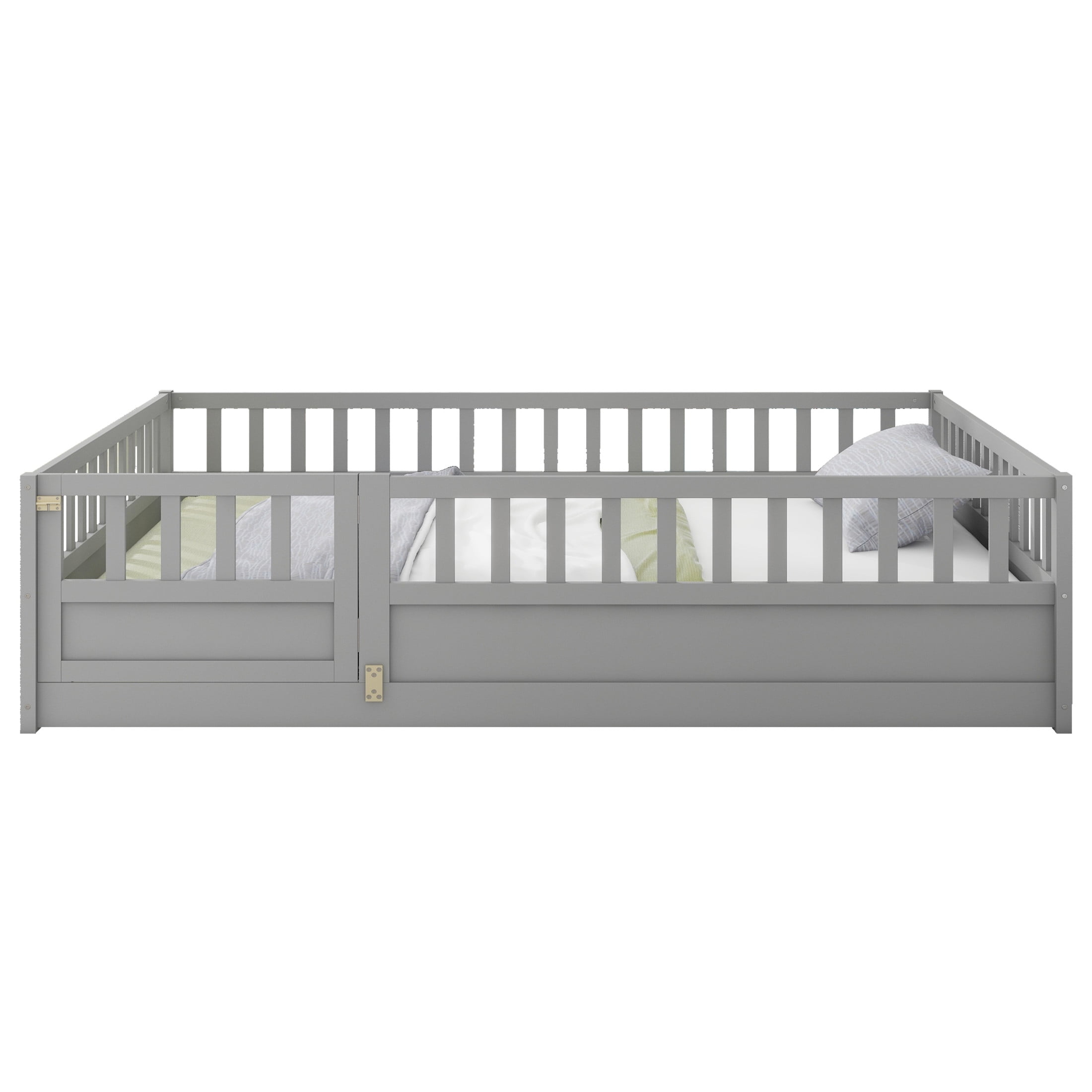 Noble House Full Size Montessori Floor Bed with Guardrails and Door, Wood Kids Bed Frame, Gray