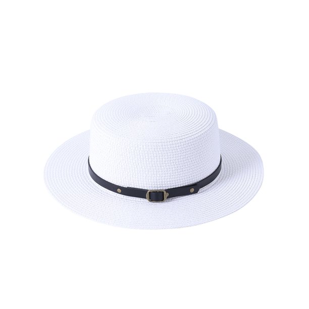 Blotona Women Straw Hat Adjustable Flat Top Beach Sun Hats Wide Brim Straw Panama Bucket Fedora