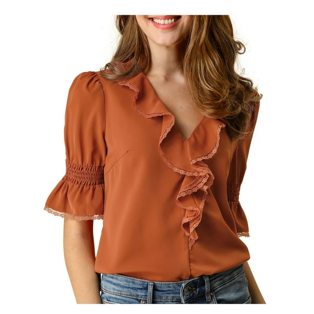 INSPIRE CHIC Women's Ruffled V Neck Puff Elbow Sleeve Semi-Sheer Chiffon Blouse S Brown Red