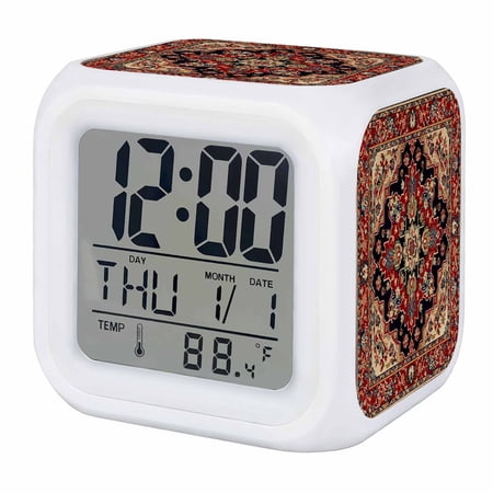 Red Boho Digital Alarm Clock for Bedrooms,Smart LED Alarm Clock with 7 Color Changing Night Light,Contemporary Abstract Ethnic Retro Geometric Silent Wake Up Clocks for Sleep Study Cooking 3.2x3.2