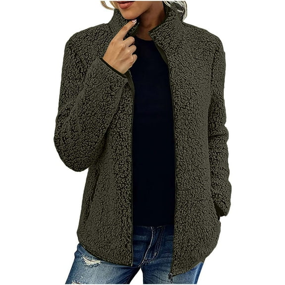 Women's Polar Soft Fleece Jacket Classic Fit Long Sleeve Full Zip Fleece Lined Sherpa Coat Fall Winter Stand Collar Recreation Coat with Pockets