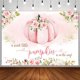 thumbnail image 1 of Fondo de baby shower de calabaza rosa otoñal para niña. Una pequeña y dulce calabaza está en camino. Decoraciones para fiesta. Fondo de fotografía floral en rosa ruborizado y dorado otoñal. Banner., 1 of 3