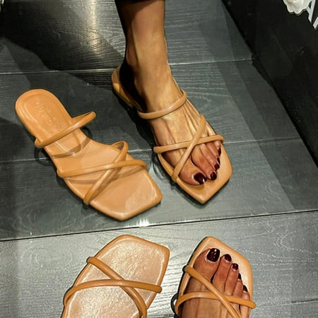 

Hvyesh Flat Sandals for Women Dressy Summer Flat Bottomed Slippers Casual Mules Square Cut Out Cross Strap Sandals Size 6