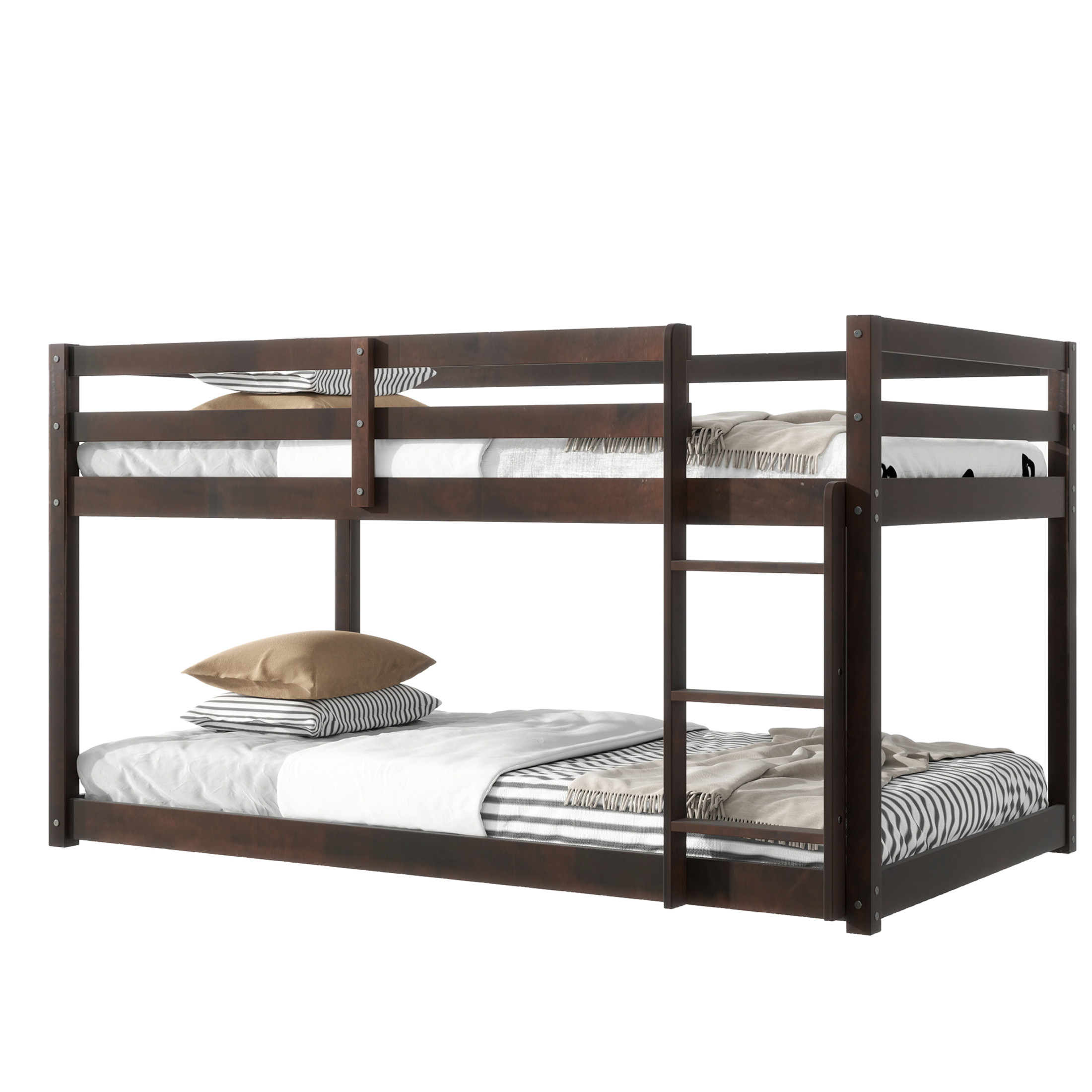 Noble House Alina Twin Over Twin Floor Bunk Bed with Ladder, Solid Rubber Wood Frame with Strengthened Slats, Espresso