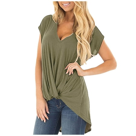 

kakina CMSX Shirts for Women Trendy Dressy Fashion Summer V-Neck Solid Short Sleeve Sexy Top Blouses Business Casual Plus Size Army Green L